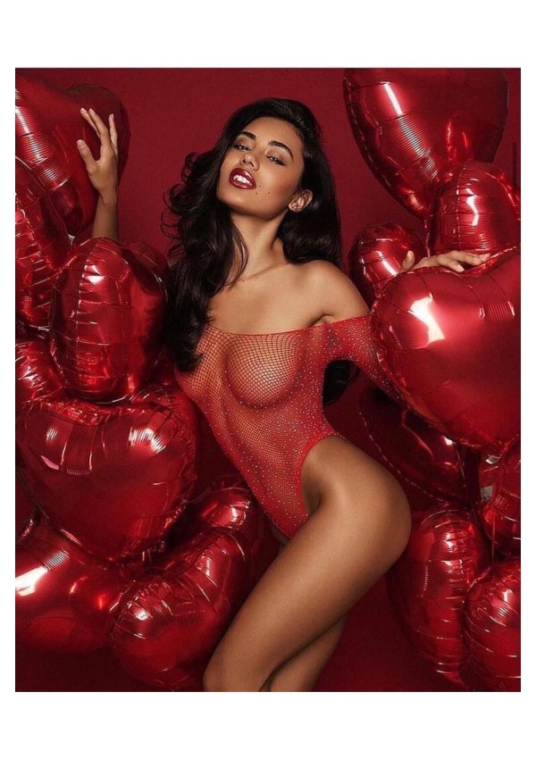 Seksi Kırmızı Fantazi Taşlı Vücut Çorabı